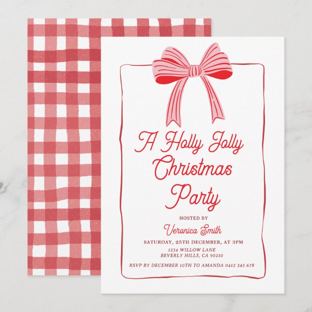 Pink Bow Holly Holiday Party Festive Invitation (Front/Back)