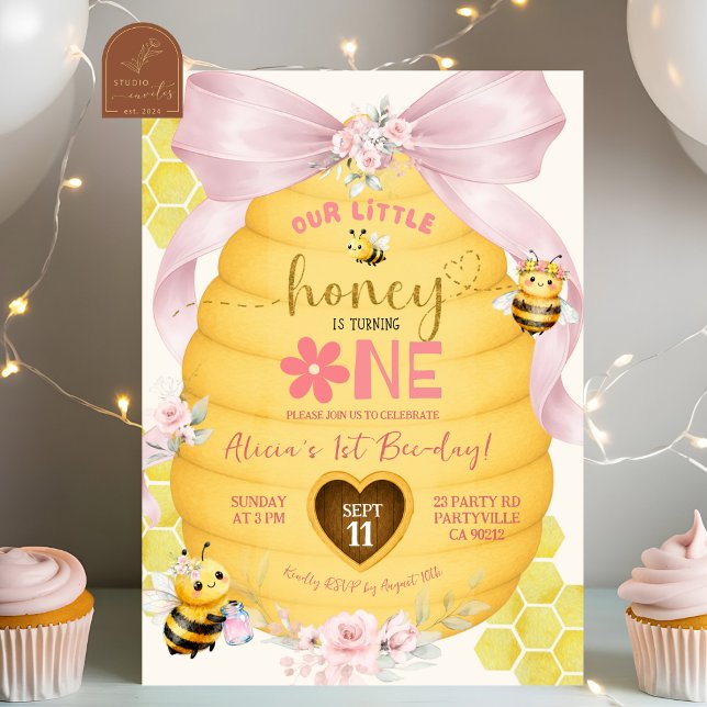  Pink Bow Honey Bee 1st Birthday Invitation (Creator Uploaded)