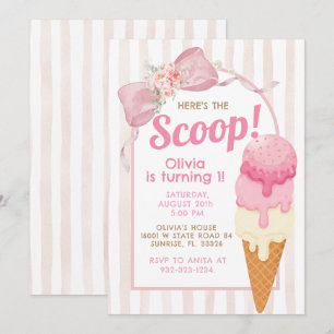 Pink Bow Ice Cream Birthday  Invitation