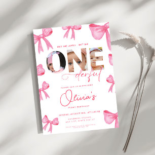 pink bow Isn't She Onederful 1st Birthday 3 photo Invitation