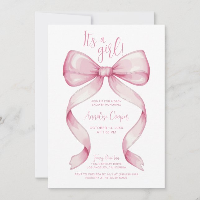 Pink Bow It's a Girl Baby Shower Invitation (Front)