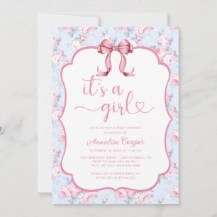 Pink Bow It's A Girl Baby Shower Invitation