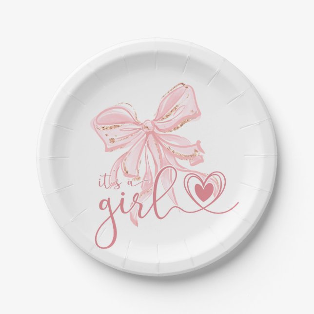 Pink Bow It's a Girl Baby Shower Paper Plate (Front)