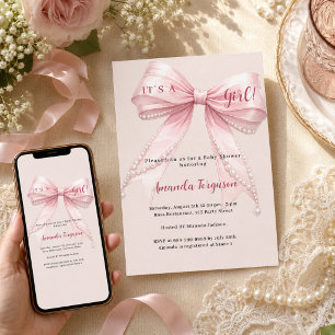Pink bow it's a girl cahmpagne Baby Shower Invitation