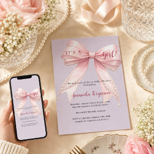Pink bow it's a girl lavender Baby Shower Invitation