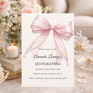 Pink bow ivory pearls elegant Quinceanera luxury Invitation