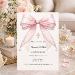 Pink bow ivory pearls girl elegant Confirmation Invitation<br><div class="desc">A soft ivory background,  decorated with a pink large bow with pearls and a golden cross. Personalize and add a name and details details.</div>