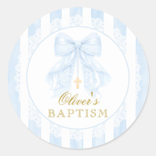 Pink Bow Lace Boy Baptism Classic Round Sticker