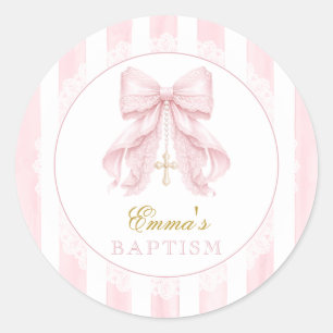 Pink Bow Lace Girl Baptism Classic Round Sticker