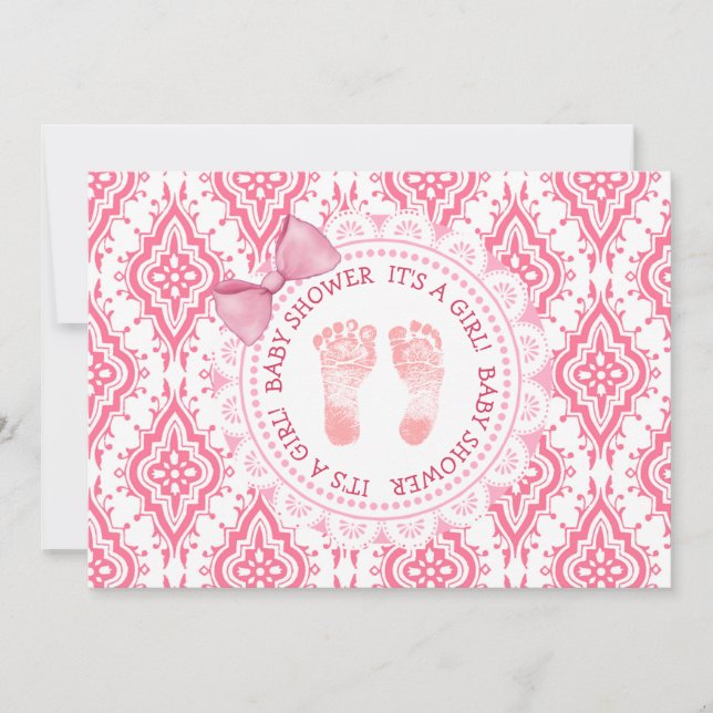 Pink Bow & Lace Its a girl Baby Shower Invitation (Front)