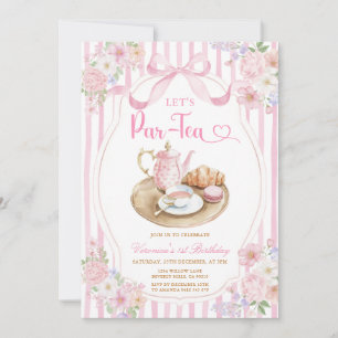 Pink Bow Let’s Par-tea Girl Birthday Stripe Floral Invitation