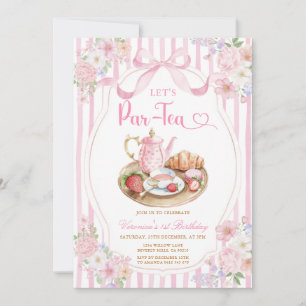 Pink Bow Let’s Par-tea Girl Birthday Stripe Floral Invitation