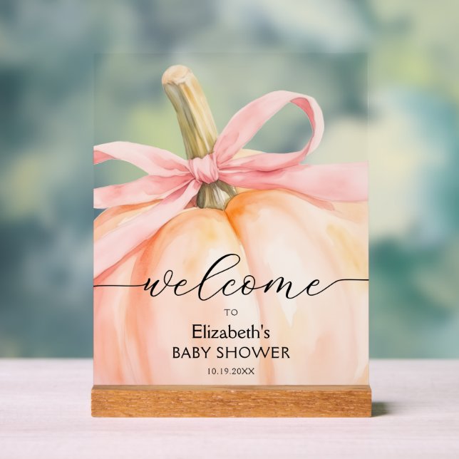 Pink Bow Little Pumpkin Baby Shower Welcome Acrylic Sign (Neutral)