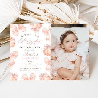 Pink Bow Little Pumpkin Birthday Photo Invitation