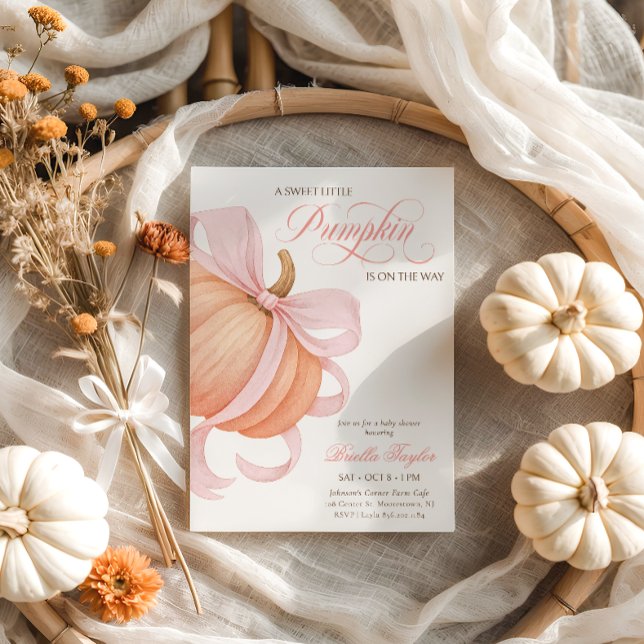 Pink Bow Little Pumpkin Elegant Baby Shower Invitation (Creator Uploaded)