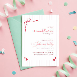 Pink Bow Little Sweetheart Baby Girl Birthday Invitation