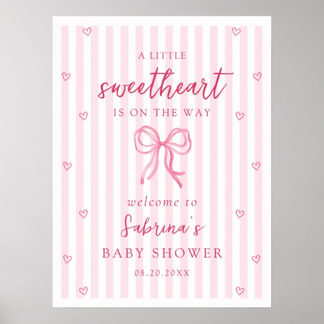 Pink Bow Little Sweetheart Baby Shower Welcome Poster (Front)