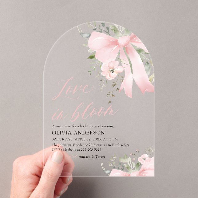 Pink Bow Love in Bloom Floral Arch Bridal Shower Acrylic Invitations (Insitu (Handheld))