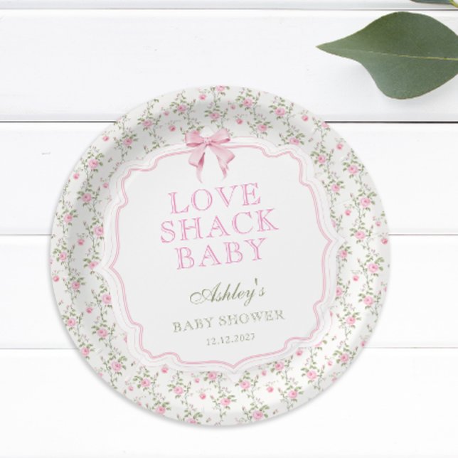 Pink Bow Love Shack Elegant Baby Shower Paper Plate (Creator Uploaded)