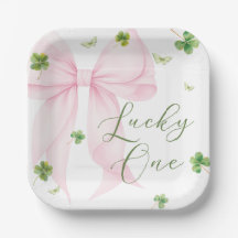 Pink Bow Lucky One 1st Birthday Paper Plates