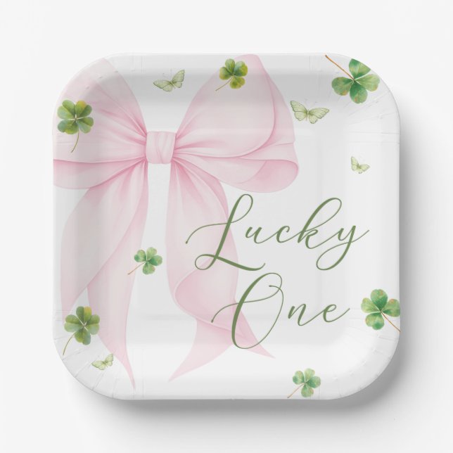 Pink Bow Lucky One 1st Birthday Paper Plates (Front)