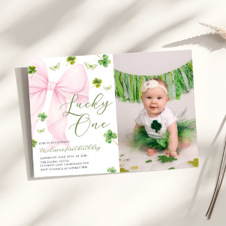 Pink Bow Lucky One Shamrock Clover 1st Birthday Invitation