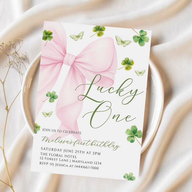 Pink Bow Lucky One Shamrock Clover 1st Birthday Invitation (Creator Uploaded)