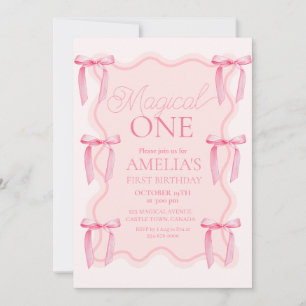 Pink Bow Magical One Birthday Party Invitation