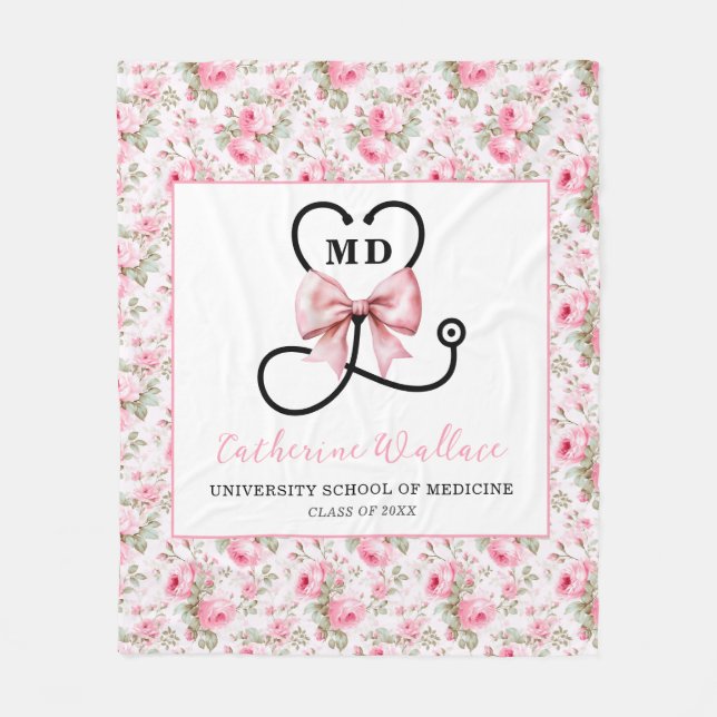 Pink Bow MD Graduation Fleece Blanket (Front)