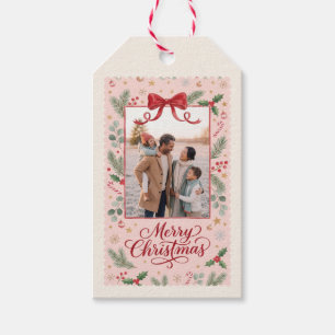 Pink Bow Merry Christmas Family Photo Gift Tags