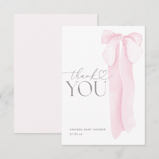 Pink Bow Minimalist Girl Baby Shower Thank You Card (Front/Back)
