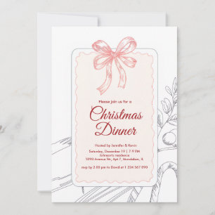 Pink Bow Minimalist Line Art Christmas Dinner  Holiday Card