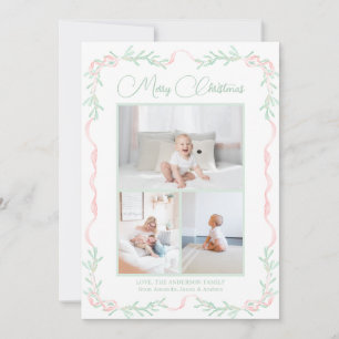 Pink Bow Mistletoe Greenery Christmas Three Photos Holiday Card