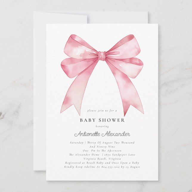 Pink Bow Modern Coquette Girl Baby Shower  Invitation (Front)