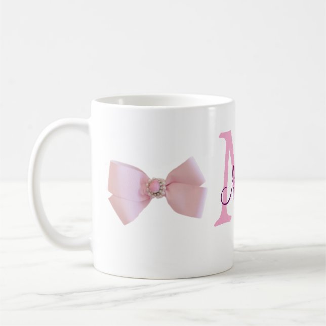 pink bow monogram bridesmaid modern girly rustic l coffee mug (Left)