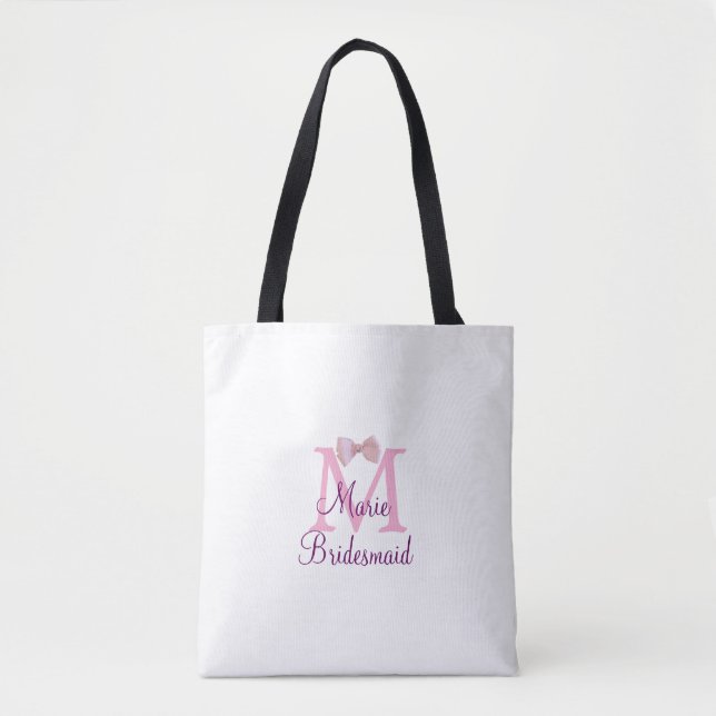 pink bow monogram bridesmaid modern girly rustic l tote bag (Front)