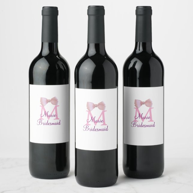 pink bow monogram bridesmaid modern girly rustic l wine label (Bottles)