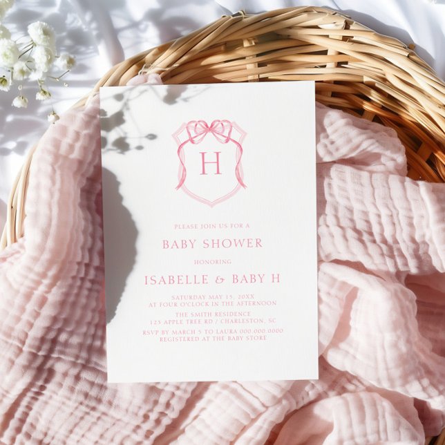 Pink Bow Monogram Crest Baby Shower Invitation (Creator Uploaded)