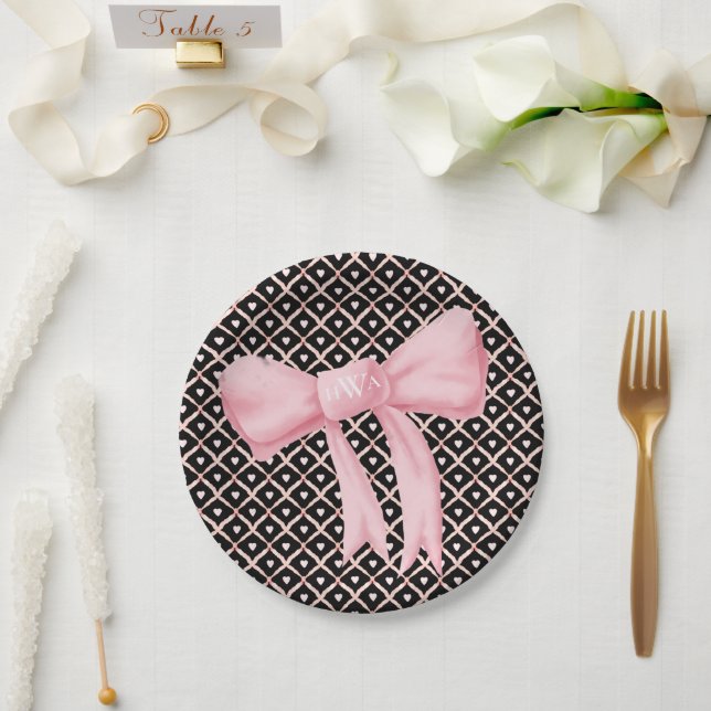 Pink Bow Monogram Heart Paper Plate (Wedding)