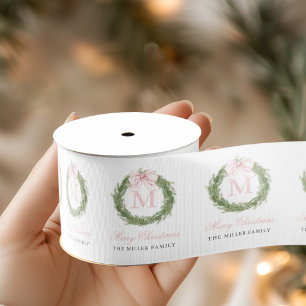 Pink Bow Monogram Wreath Christmas Grosgrain Ribbon