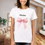 Pink bow name T-Shirt<br><div class="desc">For a light t-shirt. Decorated with a pink bow. Personalize and add your name. Black text.</div>