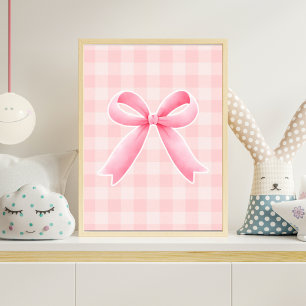 Pink Bow Nursery Wall Art Gingham Baby Girl Room