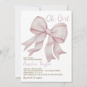 Pink Bow Oh Girl Elegant Baby Shower Invitation