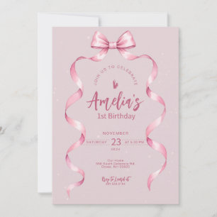 Pink Bow One Birthday Invitation