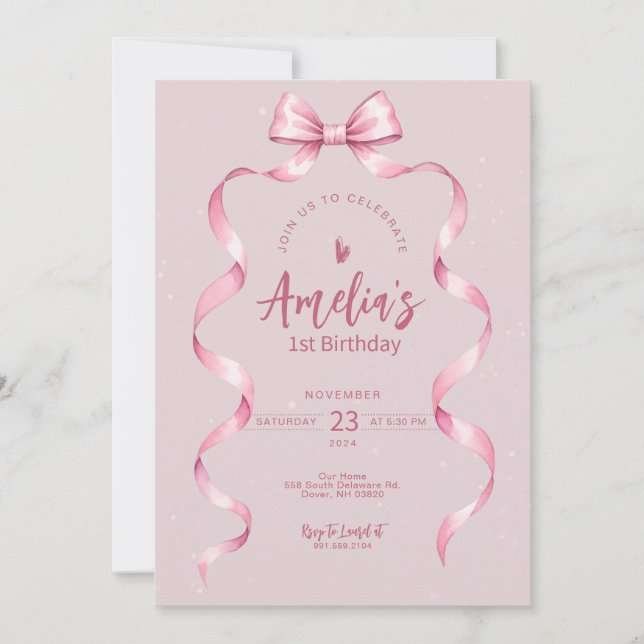 Pink Bow One Birthday Invitation (Front)