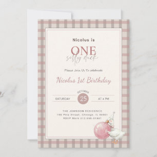 Pink Bow One Silly Duck Baby First Birthday Party Invitation