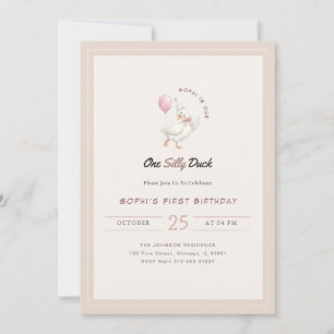 Pink Bow One Silly Duck Boy Girl 1st Birthday Invitation