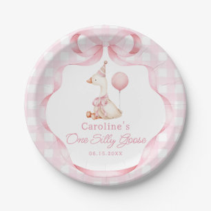 Pink Bow One Silly Goose 1st Birthday Paper Plate