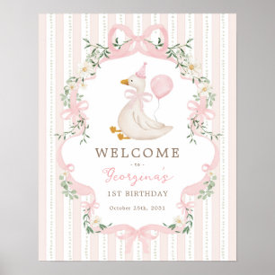 Pink Bow One Silly Goose 1st Birthday Welcome Poster