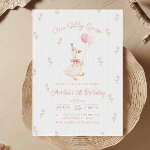 Pink Bow One Silly Goose Balloons Floral Birthday Invitation